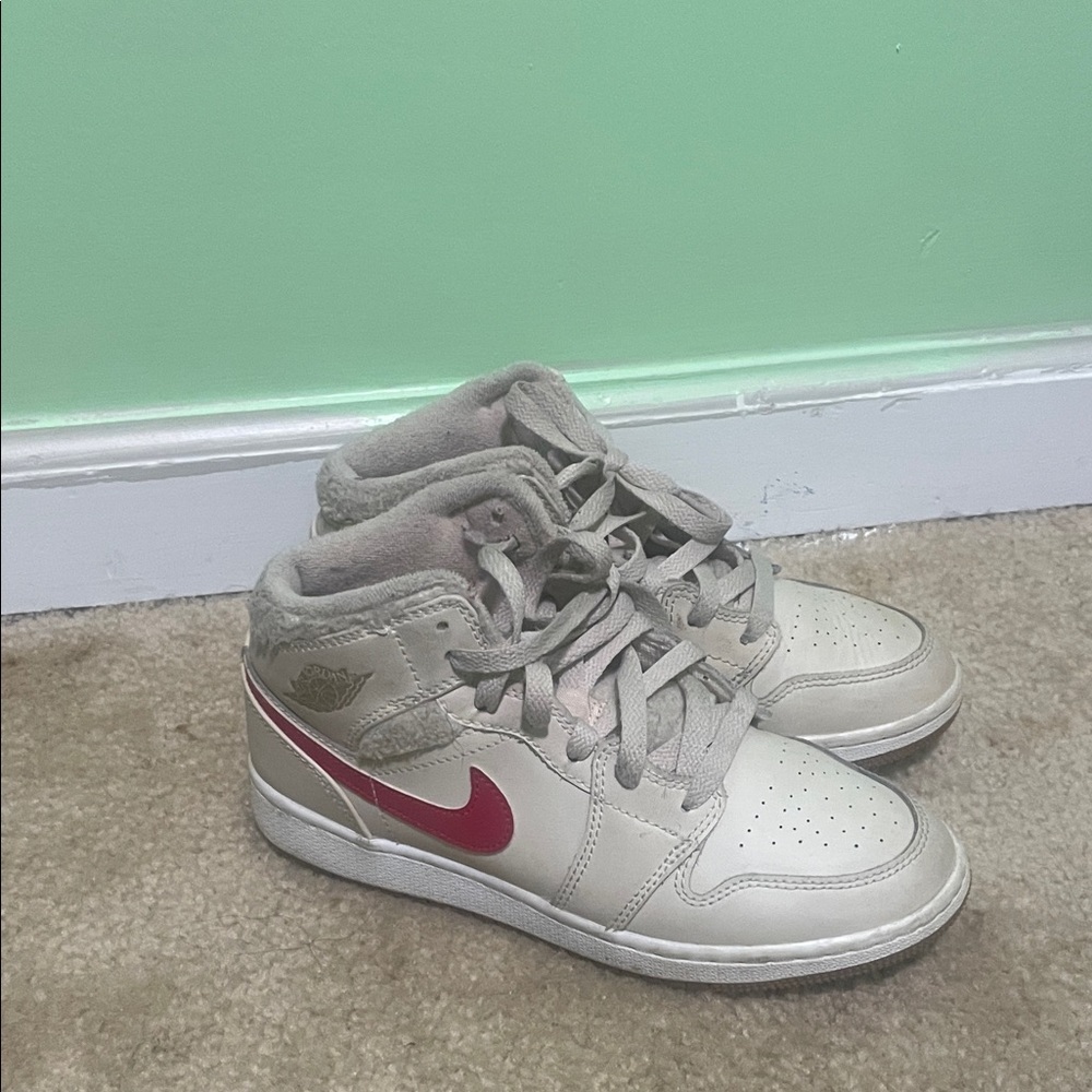 Nike Cream Mid-Top Sneakers with Pink Swoosh